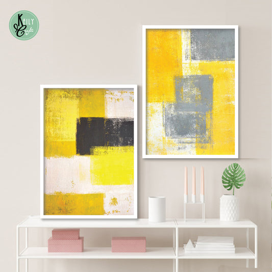 Yellow Gray Black Abstract - Set of 2 Framed Prints Wall Art Home Decor