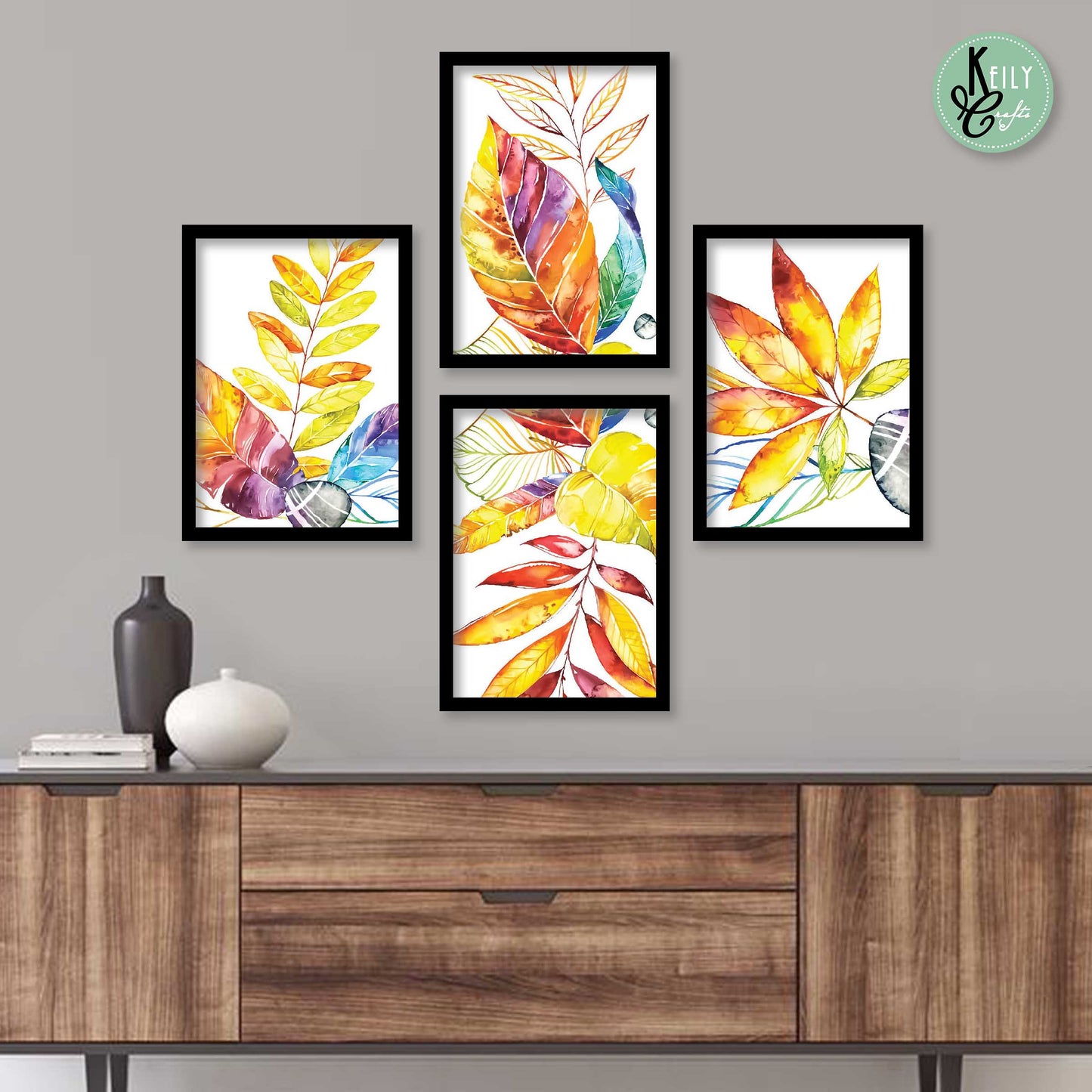 Autumn Rustic Leaves - Set of 4 Framed Prints Wall Art Home Decor