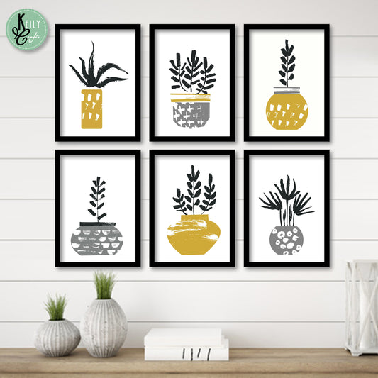 Yellow and Gray Succulents Scandinavian Wall Art - Set of 6 Framed Prints Wall Art Home Decor