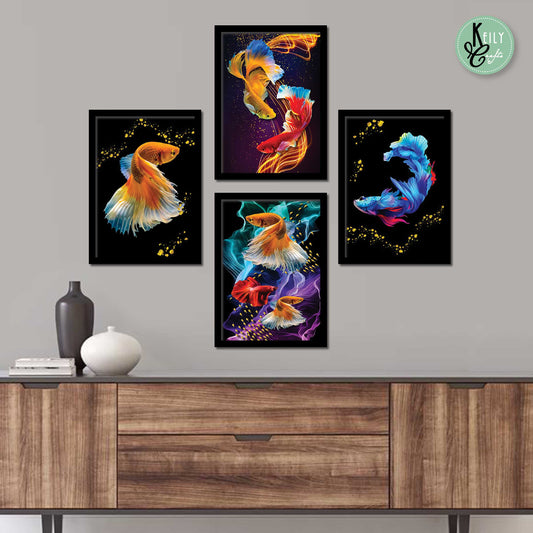 Fengshui Lucky Betta Fish - Set of 4 Framed Prints Wall Art Home Decor