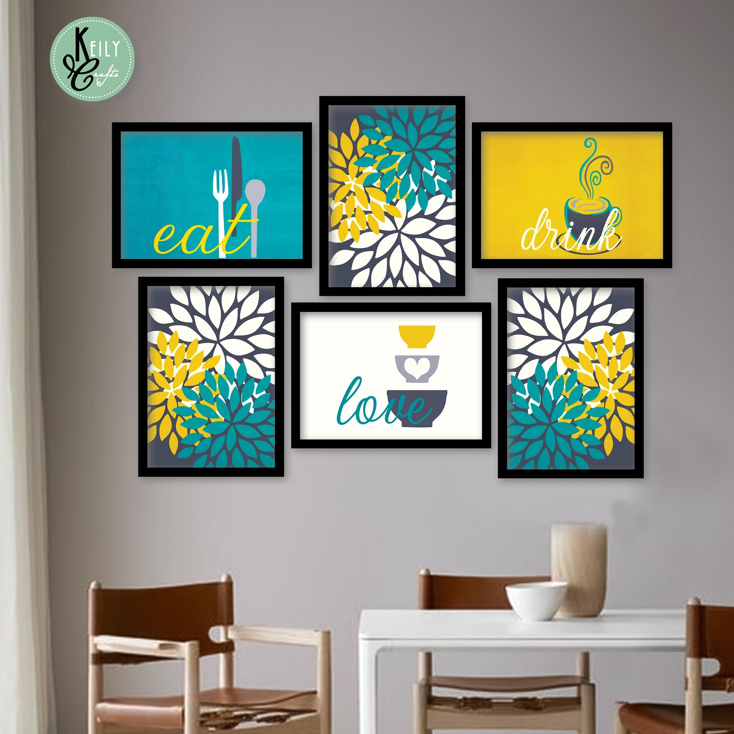 Modern Eat Love Drink - Set of 6 Framed Prints Wall Art Home Decor