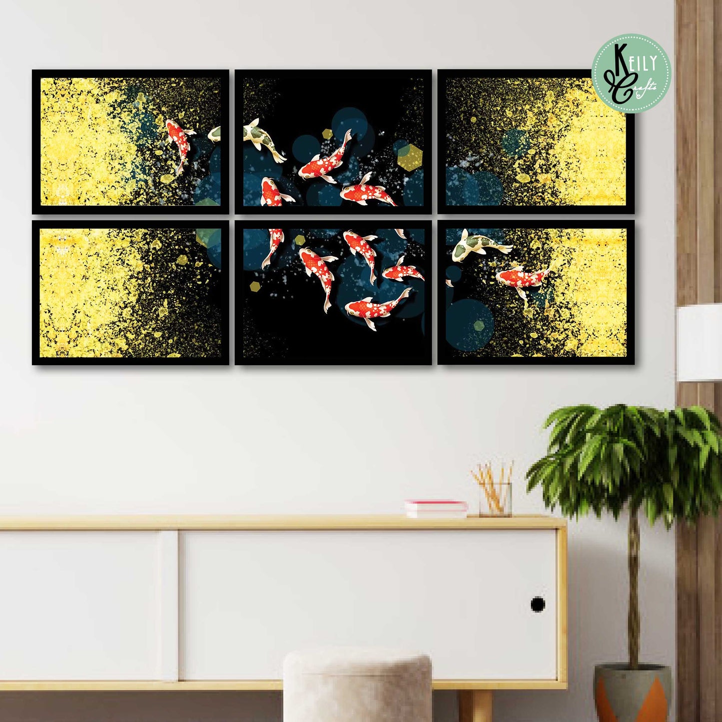 Golden Fish - Set of 6 Framed Prints Wall Art Home Decor