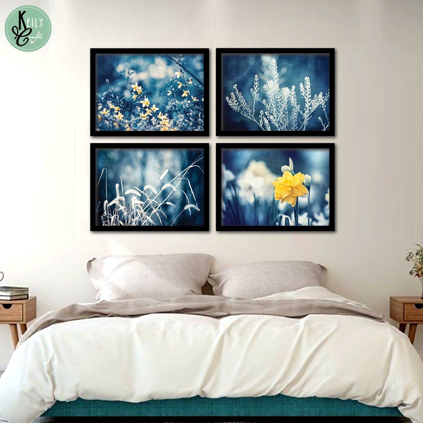 Botanical Navy Yellow - Set of 4 Framed Prints Wall Art Home Decor