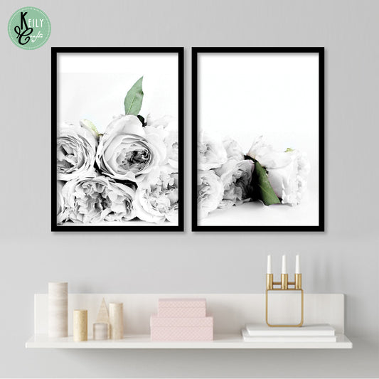 Black and White Roses Wall Art - Set of 2 Framed Prints Wall Art Home Decor