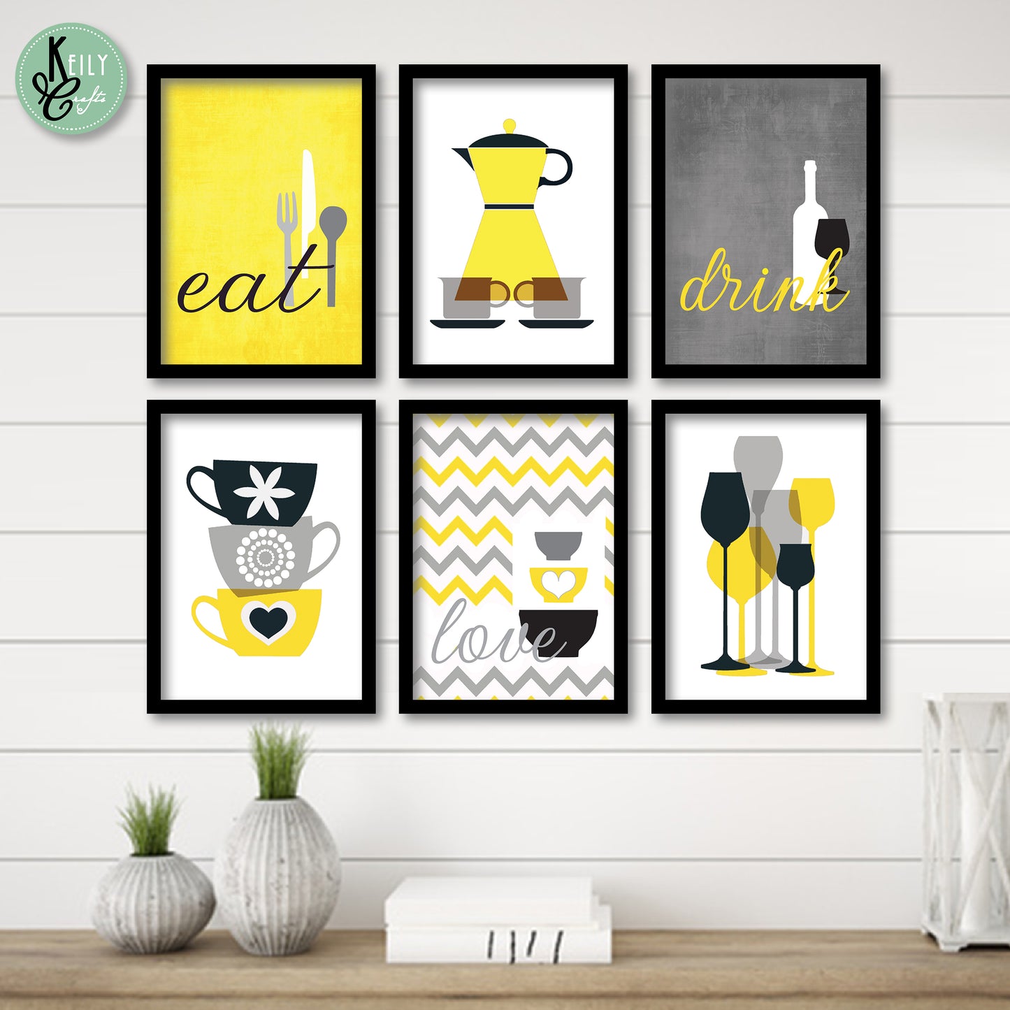 Eat Drink Love - Set of 6 Framed Prints Wall Art Home Decor