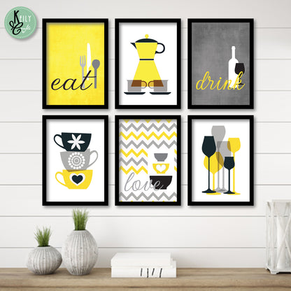 Eat Drink Love - Set of 6 Framed Prints Wall Art Home Decor