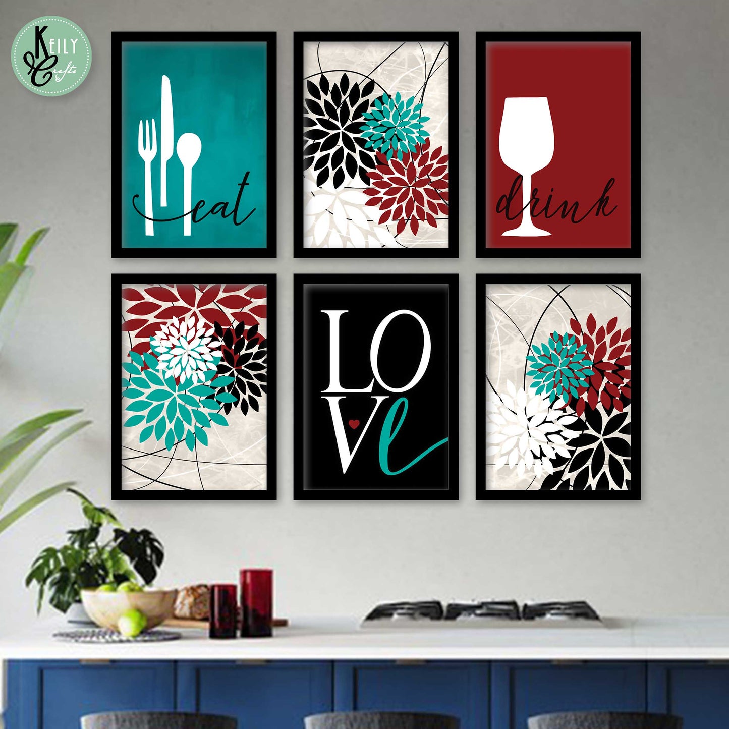 Drink Eat Love - Set of 6 Framed Prints Wall Art Home Decor