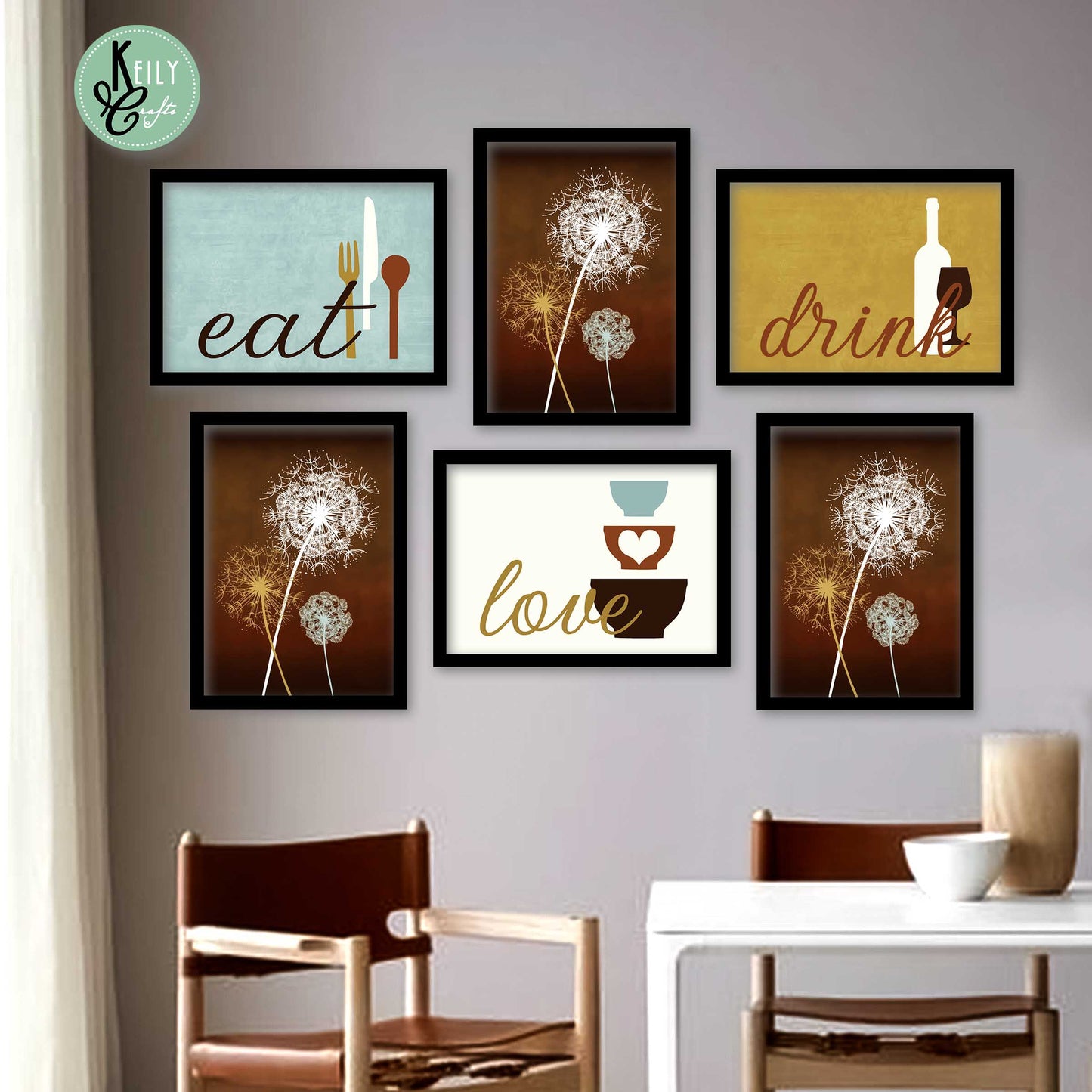 Elegant Eat Love Drink - Set of 6 Framed Prints Wall Art Home Decor