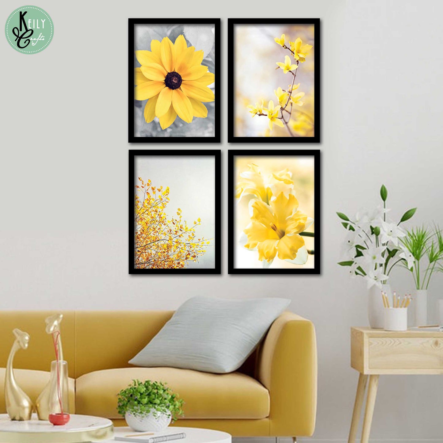 Yellow and Gray Flowers - Set of 4 Framed Prints Wall Art Home Decor