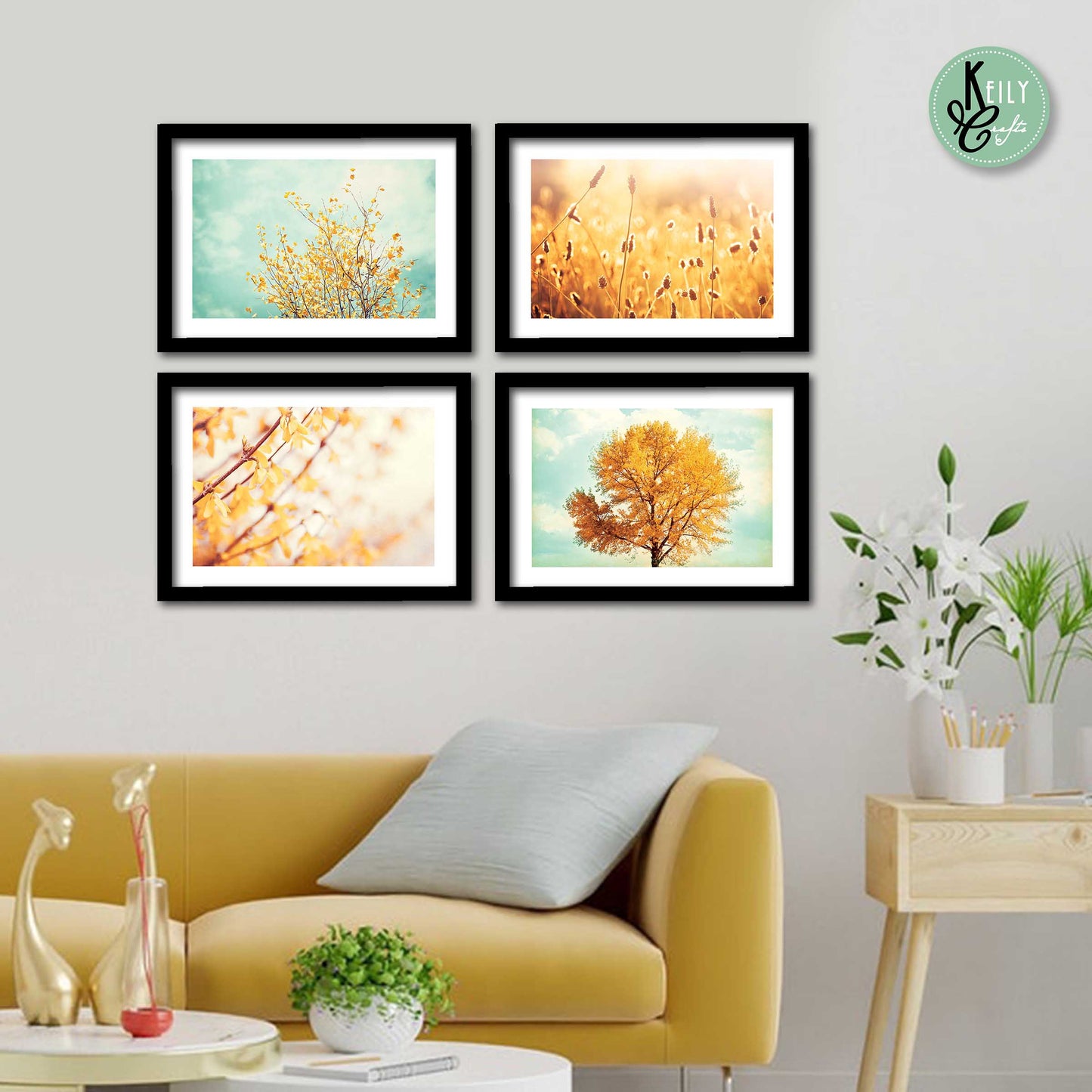 Botanical Mint Green Yellow - Set of 4 Framed Prints Wall Art Home Decor