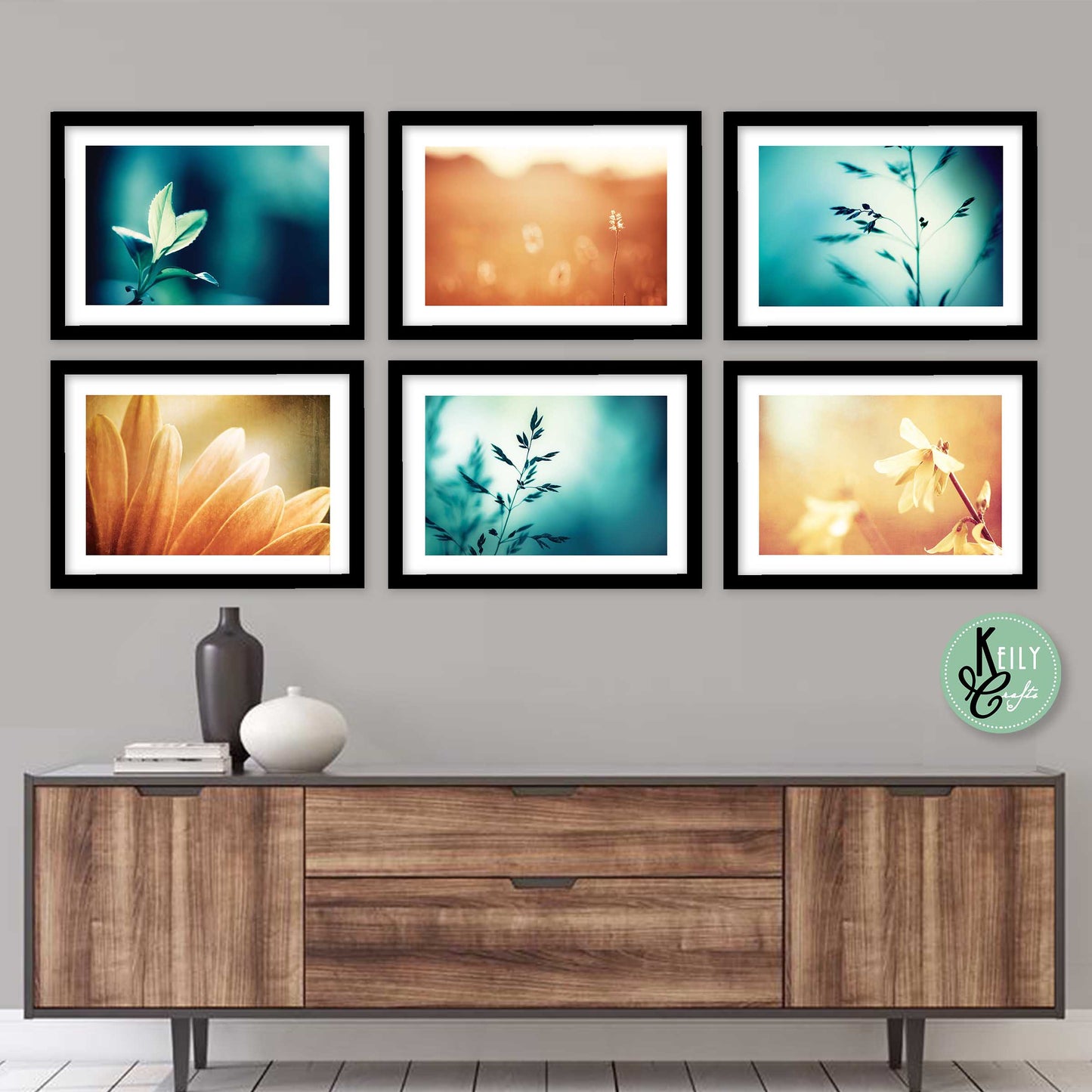 Brown and Teal Botanical - Set of 6 Framed Prints Wall Art Home Decor