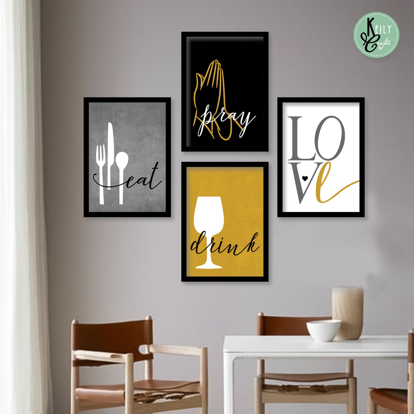 Eat Drink Love Pray - Set of 4 Framed Prints Wall Art Home Decor