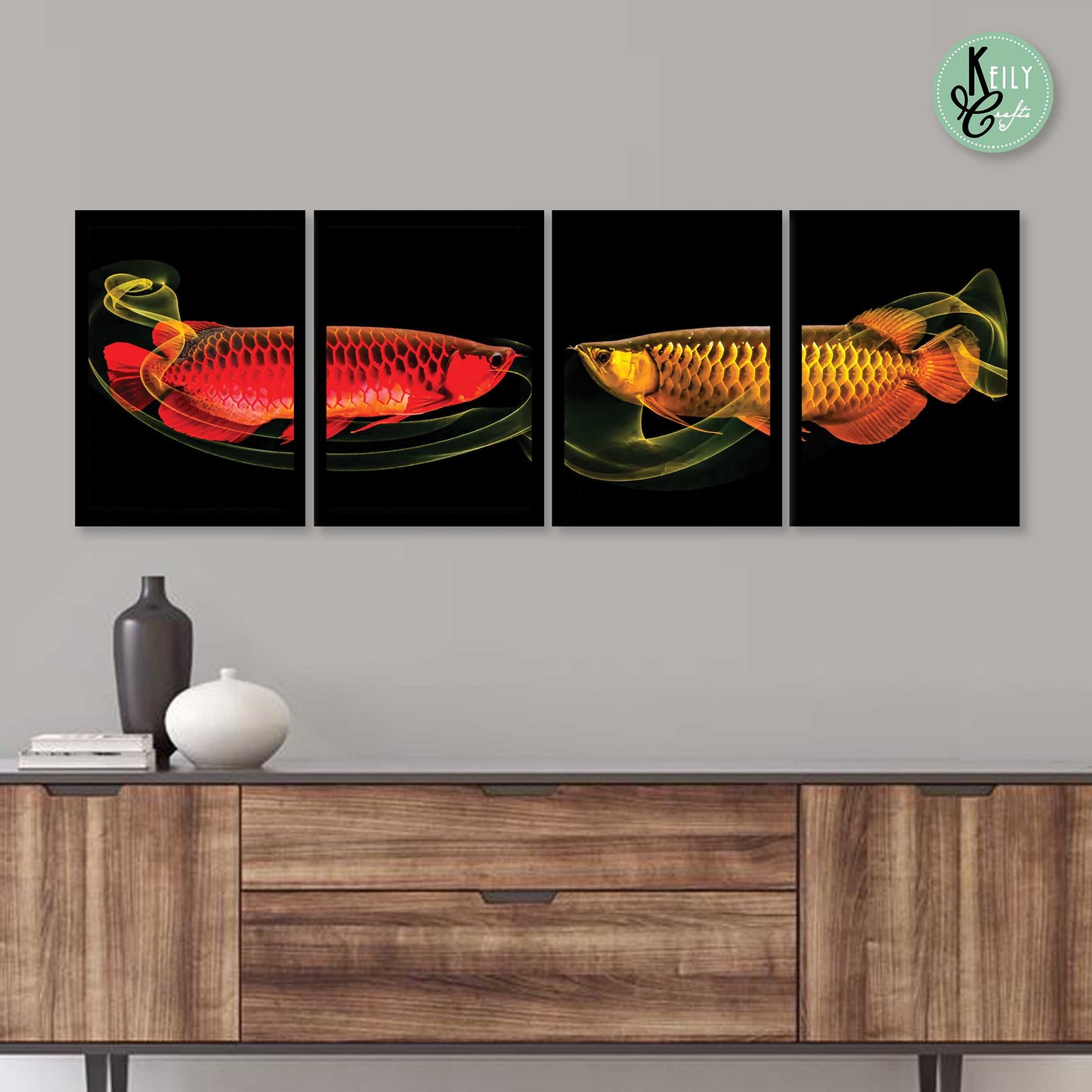 Arowana Fengshui Lucky Fish - Set of 4 Framed Prints Wall Art Home Decor