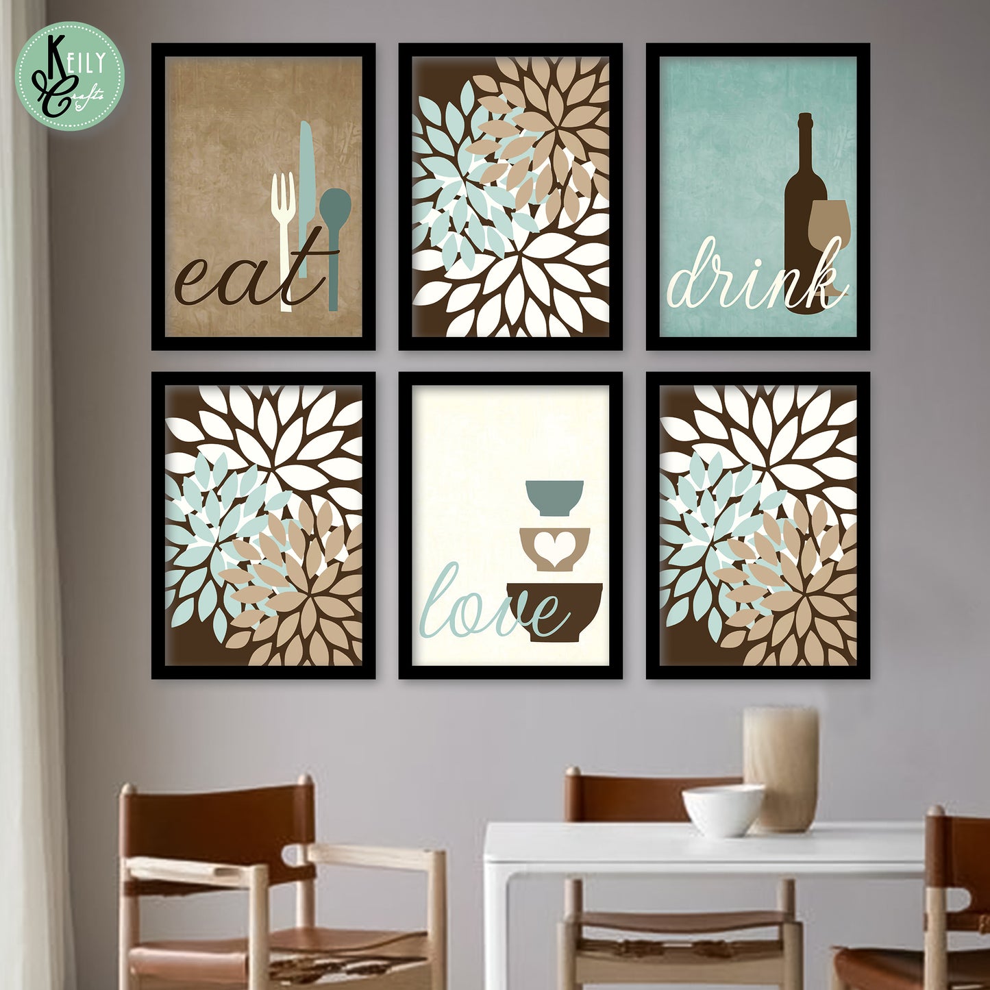 Neutral Eat Drink Love - Set of 6 Framed Prints Wall Art Home Decor