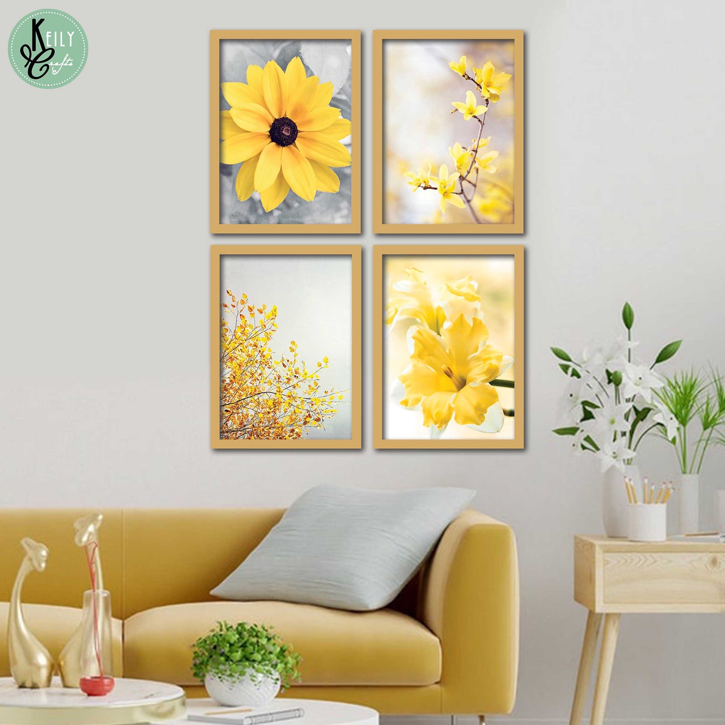 Yellow and Gray Flowers - Set of 4 Framed Prints Wall Art Home Decor