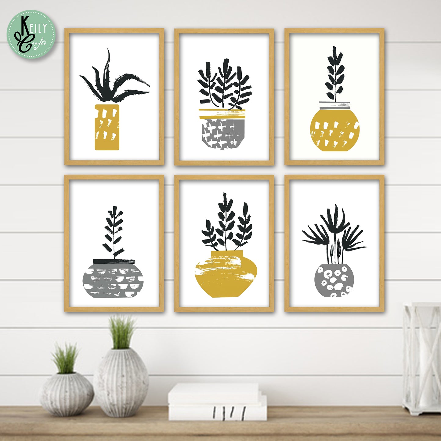 Yellow and Gray Succulents Scandinavian Wall Art - Set of 6 Framed Prints Wall Art Home Decor