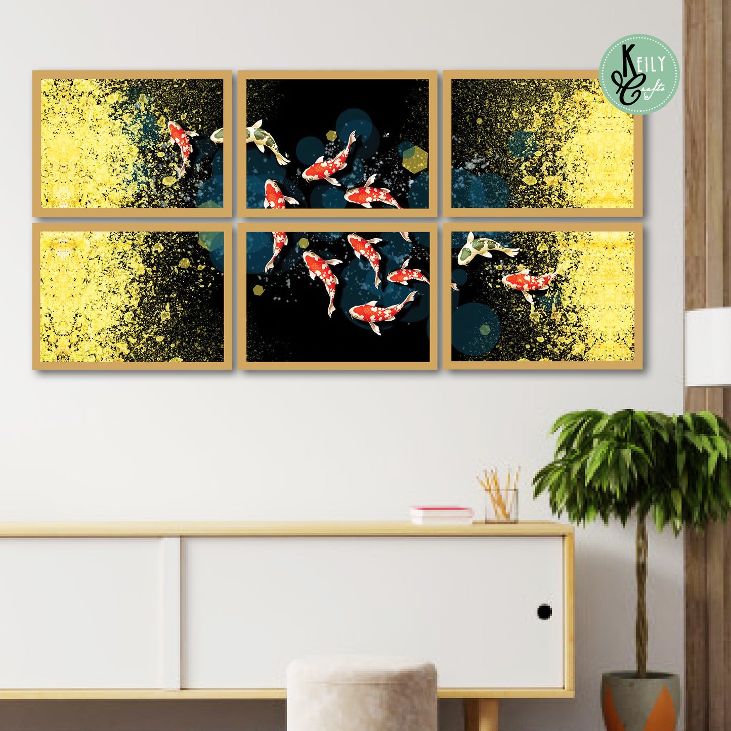 Golden Fish - Set of 6 Framed Prints Wall Art Home Decor