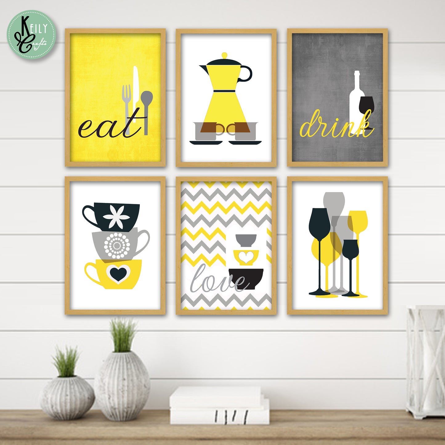 Eat Drink Love - Set of 6 Framed Prints Wall Art Home Decor