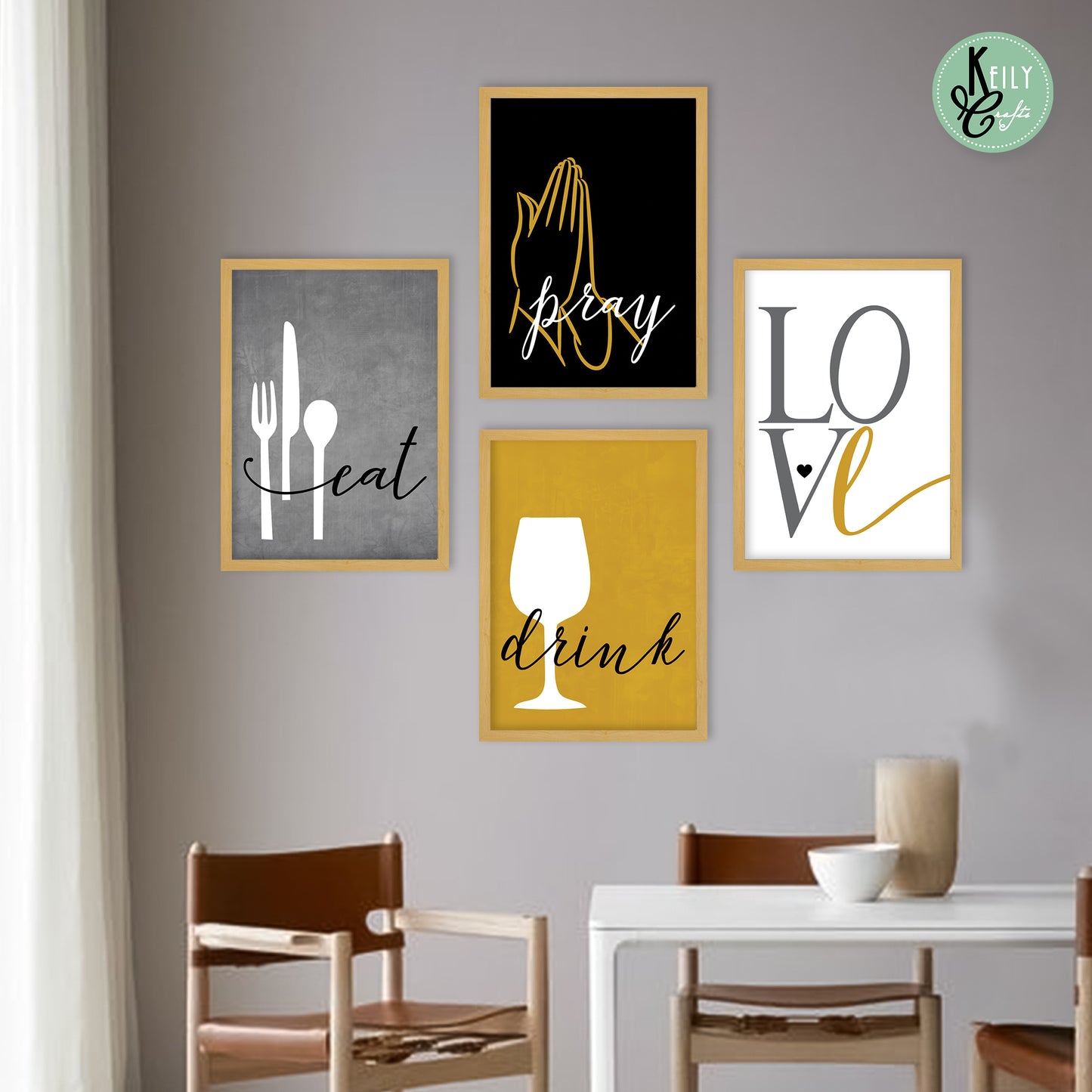 Eat Drink Love Pray - Set of 4 Framed Prints Wall Art Home Decor