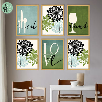 Elegant Eat Drink Love - Set of 6 Framed Prints Wall Art Home Decor