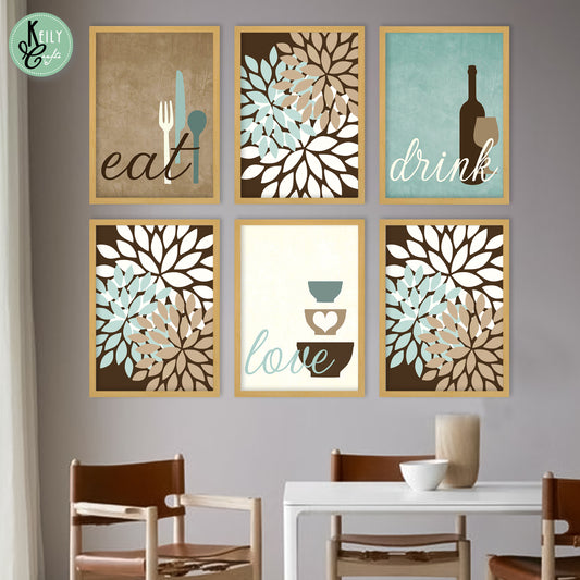 Neutral Eat Drink Love - Set of 6 Framed Prints Wall Art Home Decor