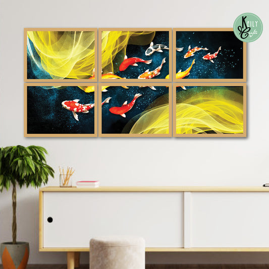 Chinese Lucky Gold Fish - Set of 6 Framed Prints Wall Art Home Decor