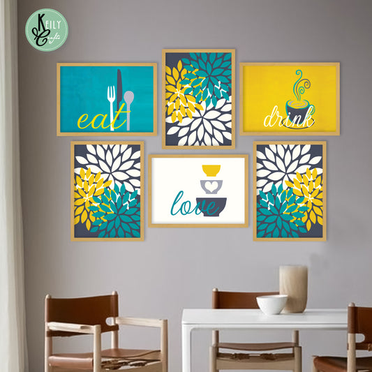 Modern Eat Love Drink - Set of 6 Framed Prints Wall Art Home Decor