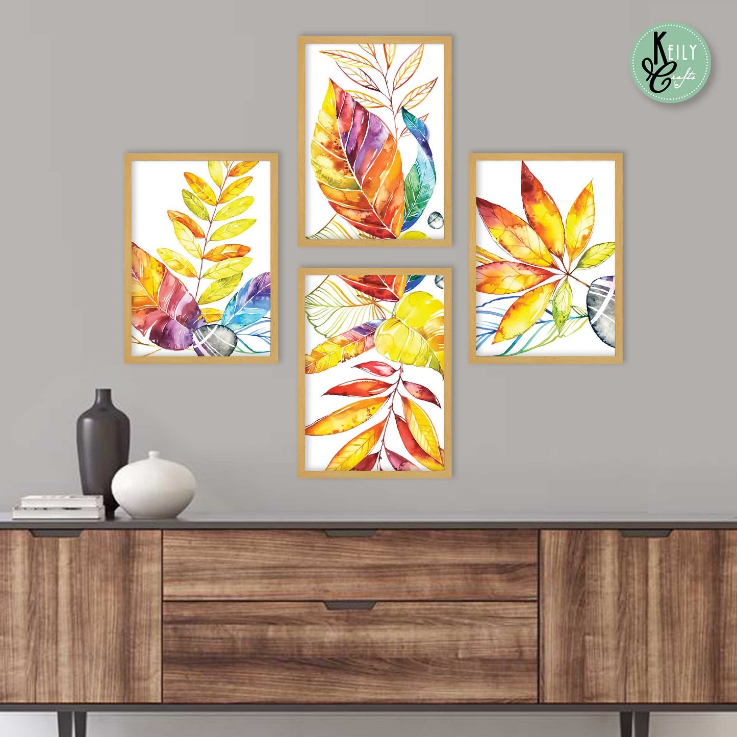 Autumn Rustic Leaves - Set of 4 Framed Prints Wall Art Home Decor