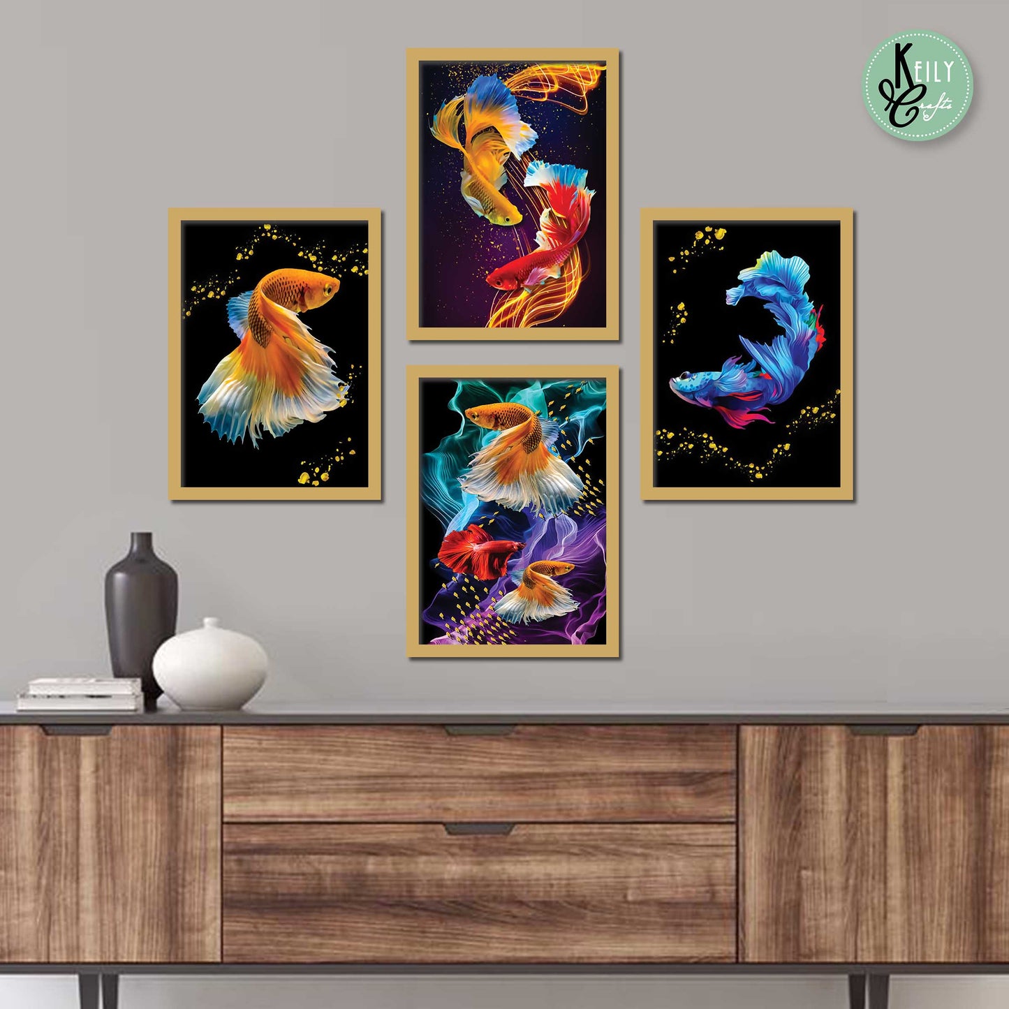 Fengshui Lucky Betta Fish - Set of 4 Framed Prints Wall Art Home Decor