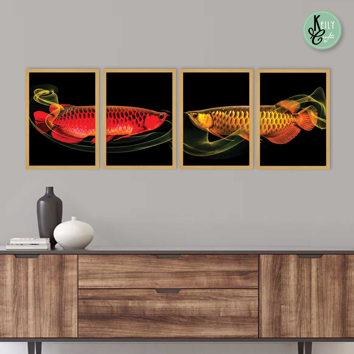 Arowana Fengshui Lucky Fish - Set of 4 Framed Prints Wall Art Home Decor