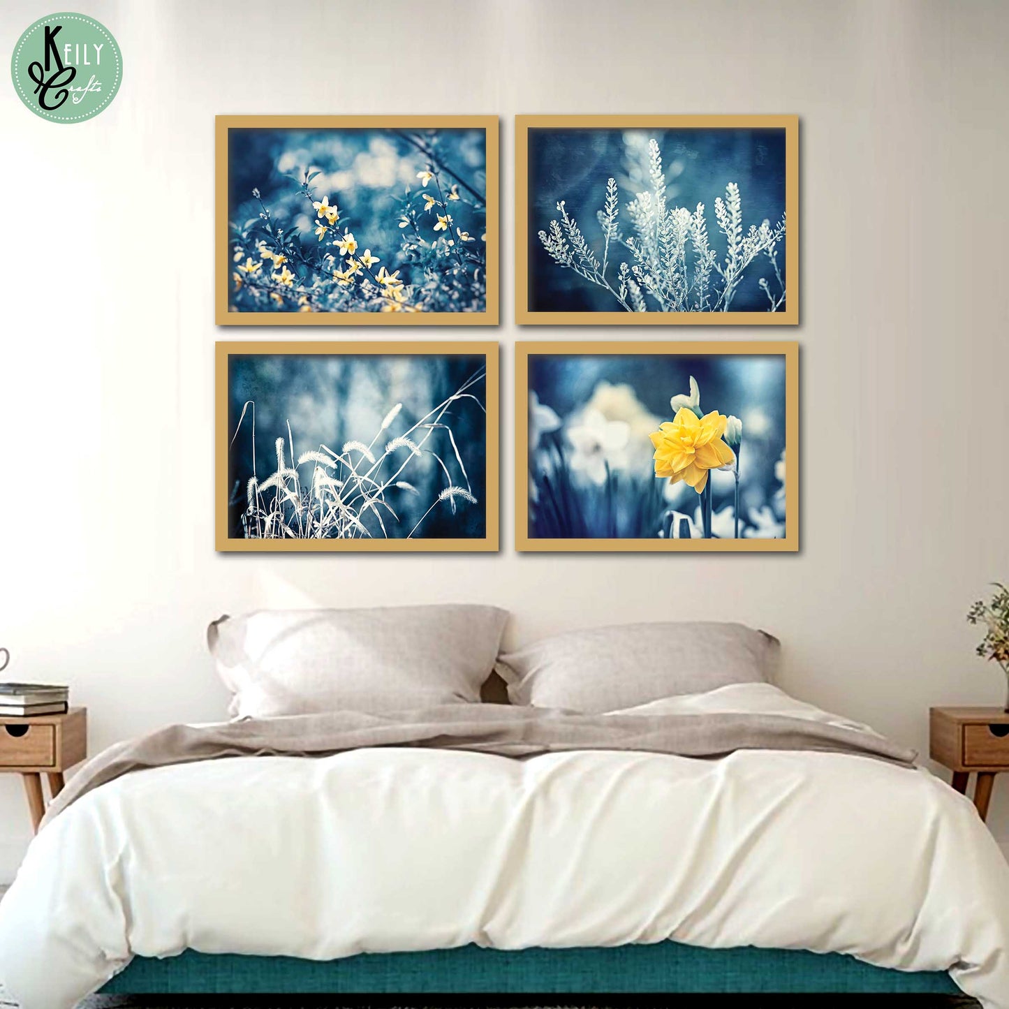 Botanical Navy Yellow - Set of 4 Framed Prints Wall Art Home Decor