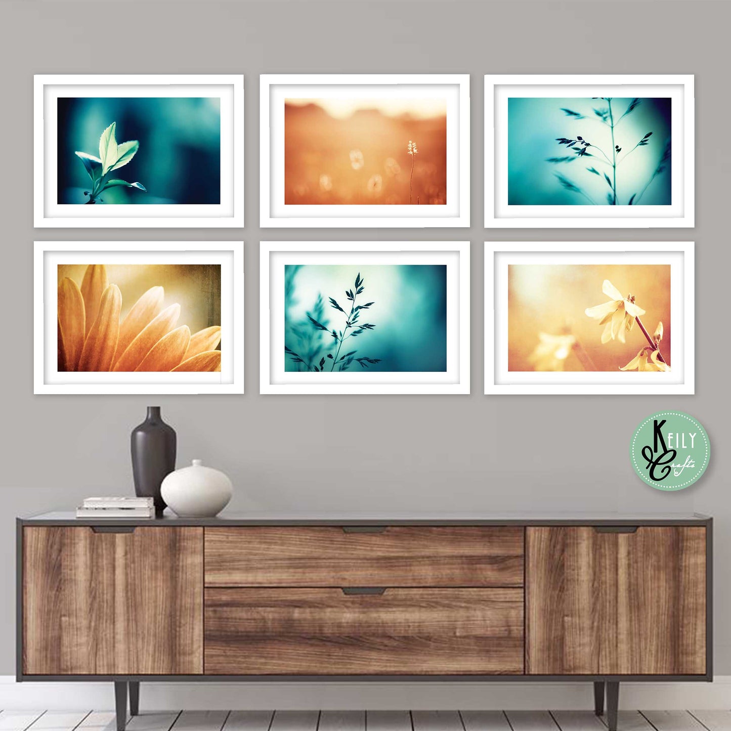 Brown and Teal Botanical - Set of 6 Framed Prints Wall Art Home Decor