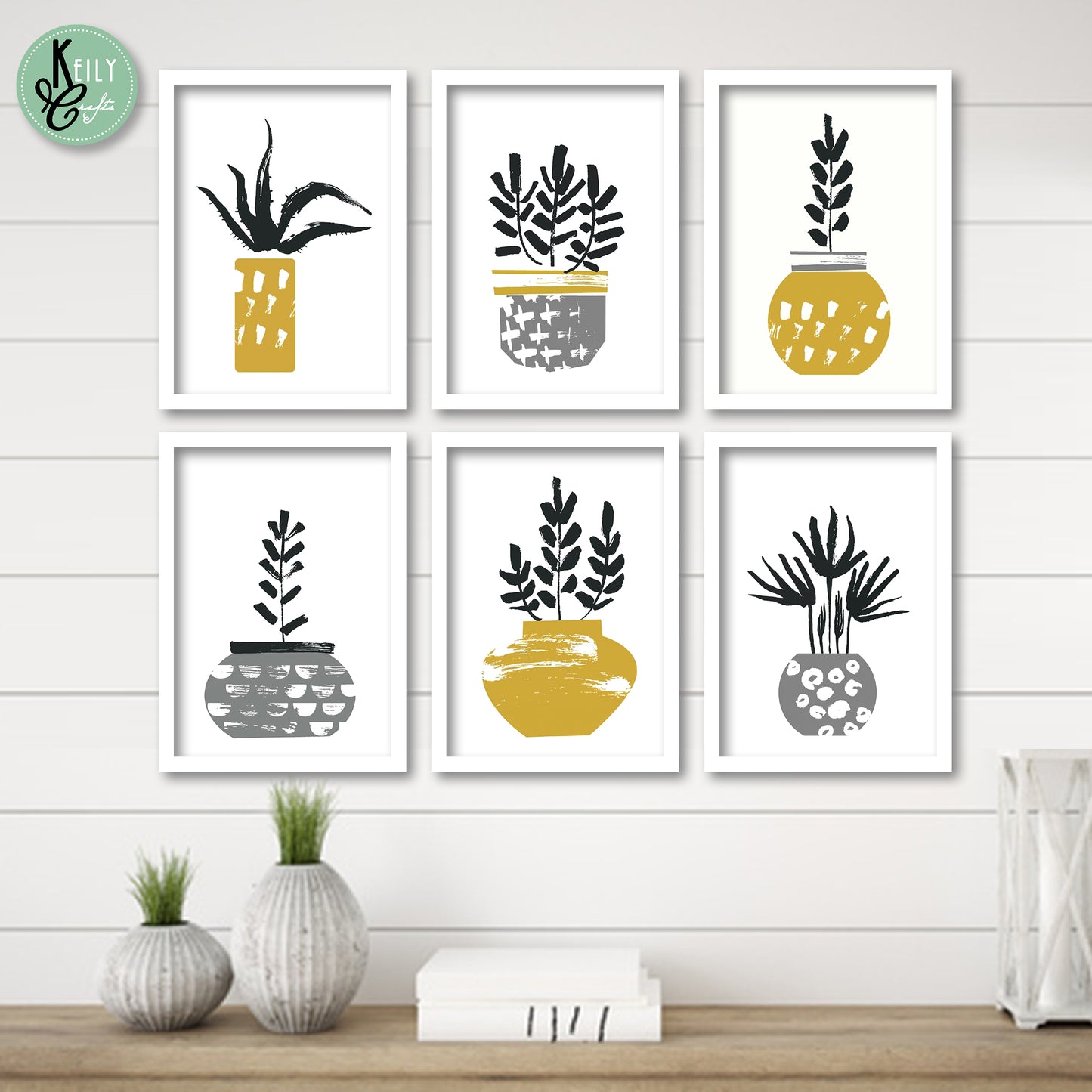 Yellow and Gray Succulents Scandinavian Wall Art - Set of 6 Framed Prints Wall Art Home Decor