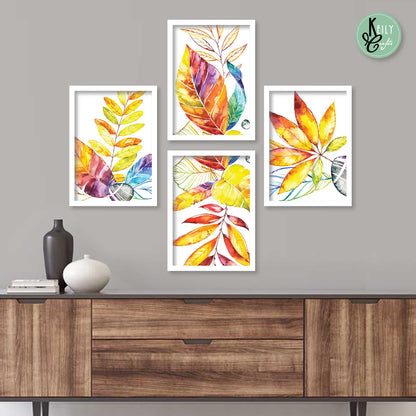 Autumn Rustic Leaves - Set of 4 Framed Prints Wall Art Home Decor