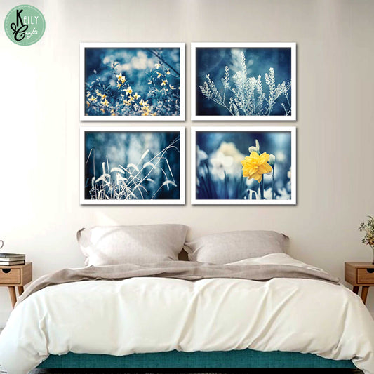 Botanical Navy Yellow - Set of 4 Framed Prints Wall Art Home Decor