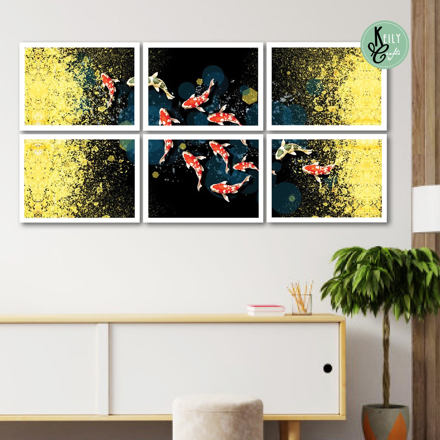 Golden Fish - Set of 6 Framed Prints Wall Art Home Decor