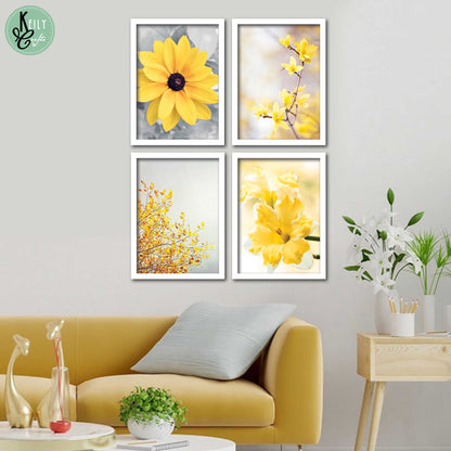 Yellow and Gray Flowers - Set of 4 Framed Prints Wall Art Home Decor