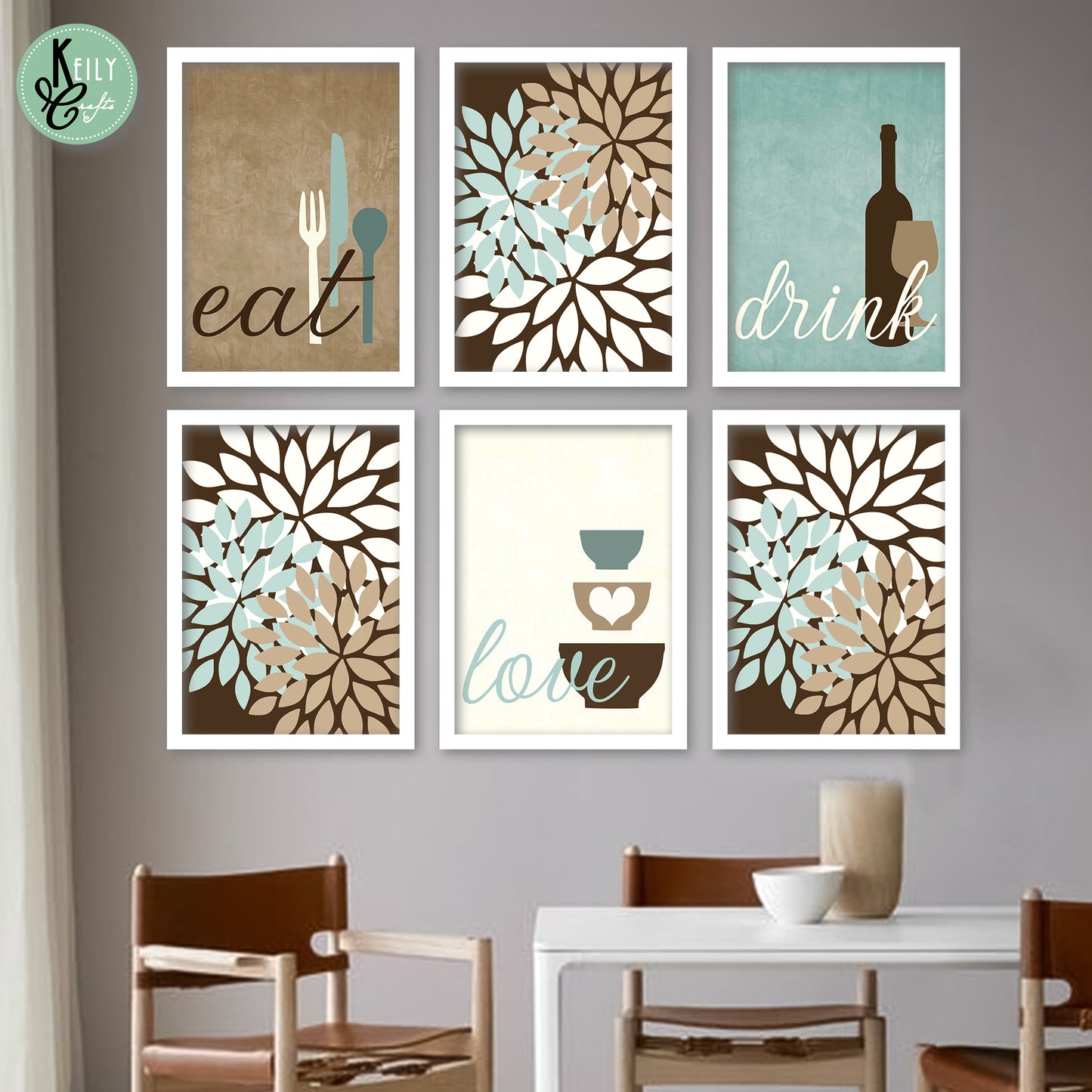 Neutral Eat Drink Love - Set of 6 Framed Prints Wall Art Home Decor