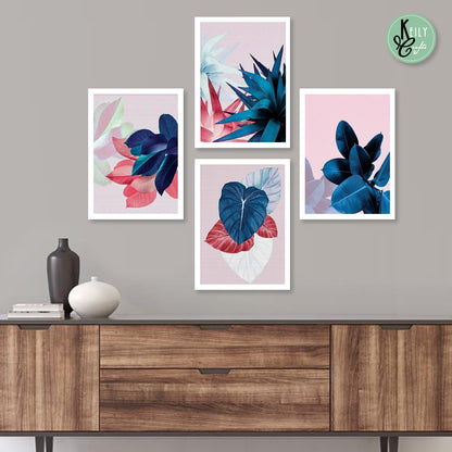 Colorful Tropical Leaves - Set of 4 Framed Prints Wall Art Home Decor