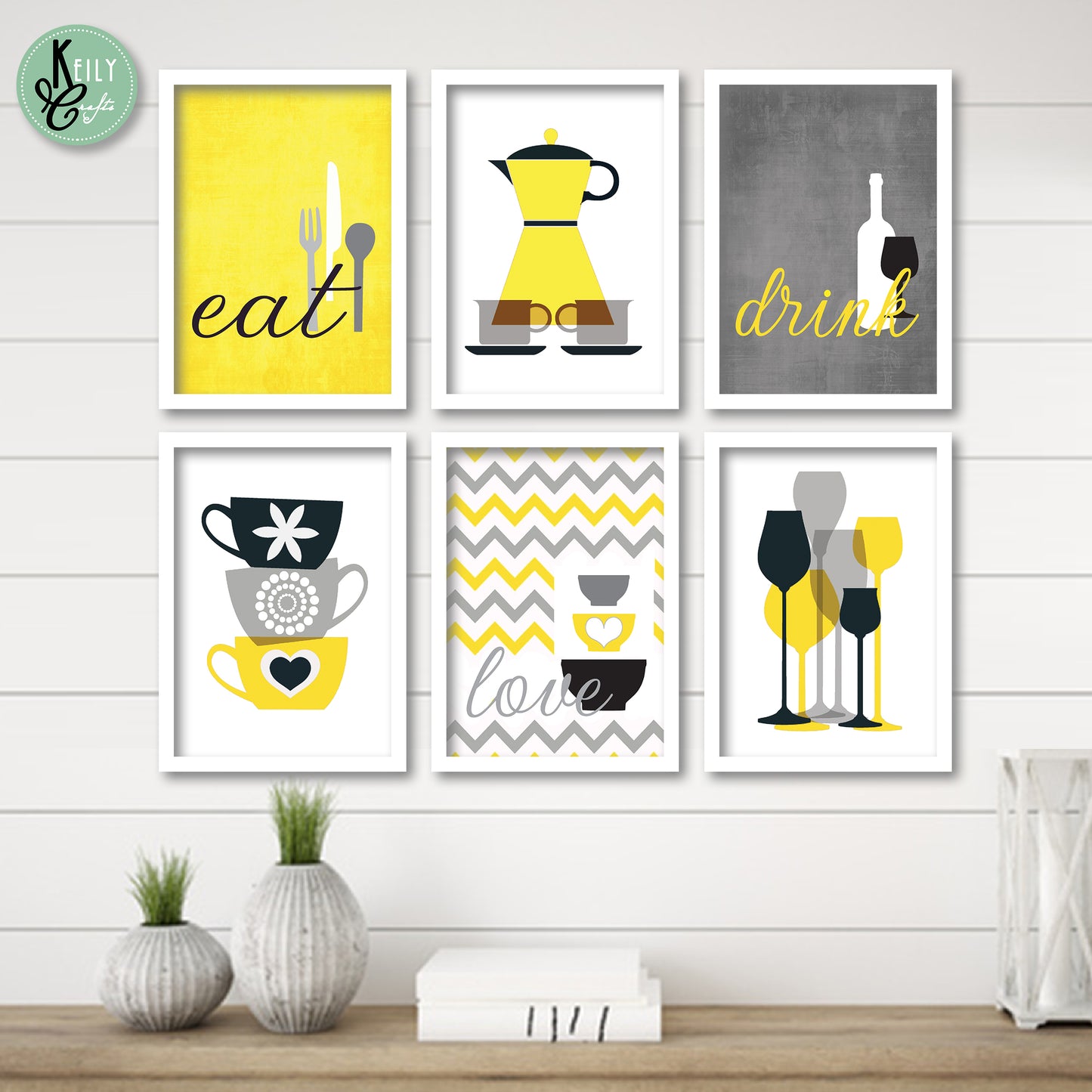 Eat Drink Love - Set of 6 Framed Prints Wall Art Home Decor