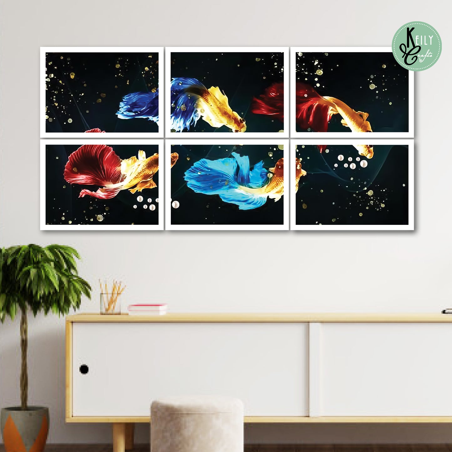 Colorful Koi Fish - Set of 6 Framed Prints Wall Art Home Decor