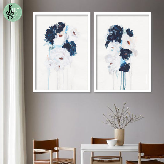 White Blue Abstract Wall Art - Set of 2 Framed Prints Wall Art Home Decor