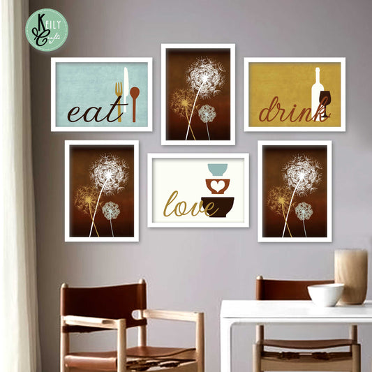 Elegant Eat Love Drink - Set of 6 Framed Prints Wall Art Home Decor