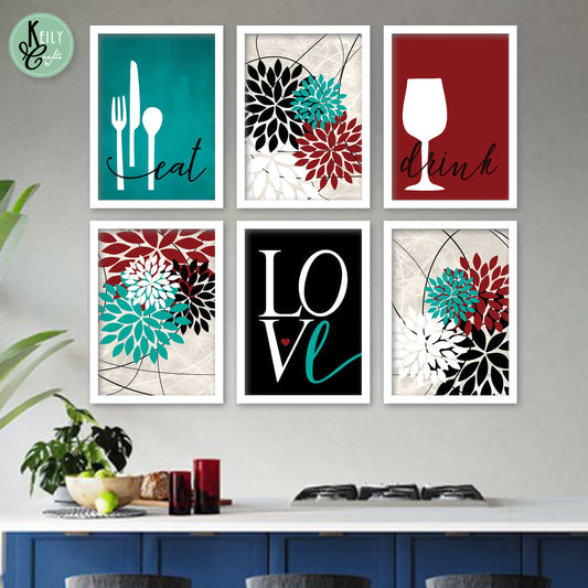 Drink Eat Love - Set of 6 Framed Prints Wall Art Home Decor