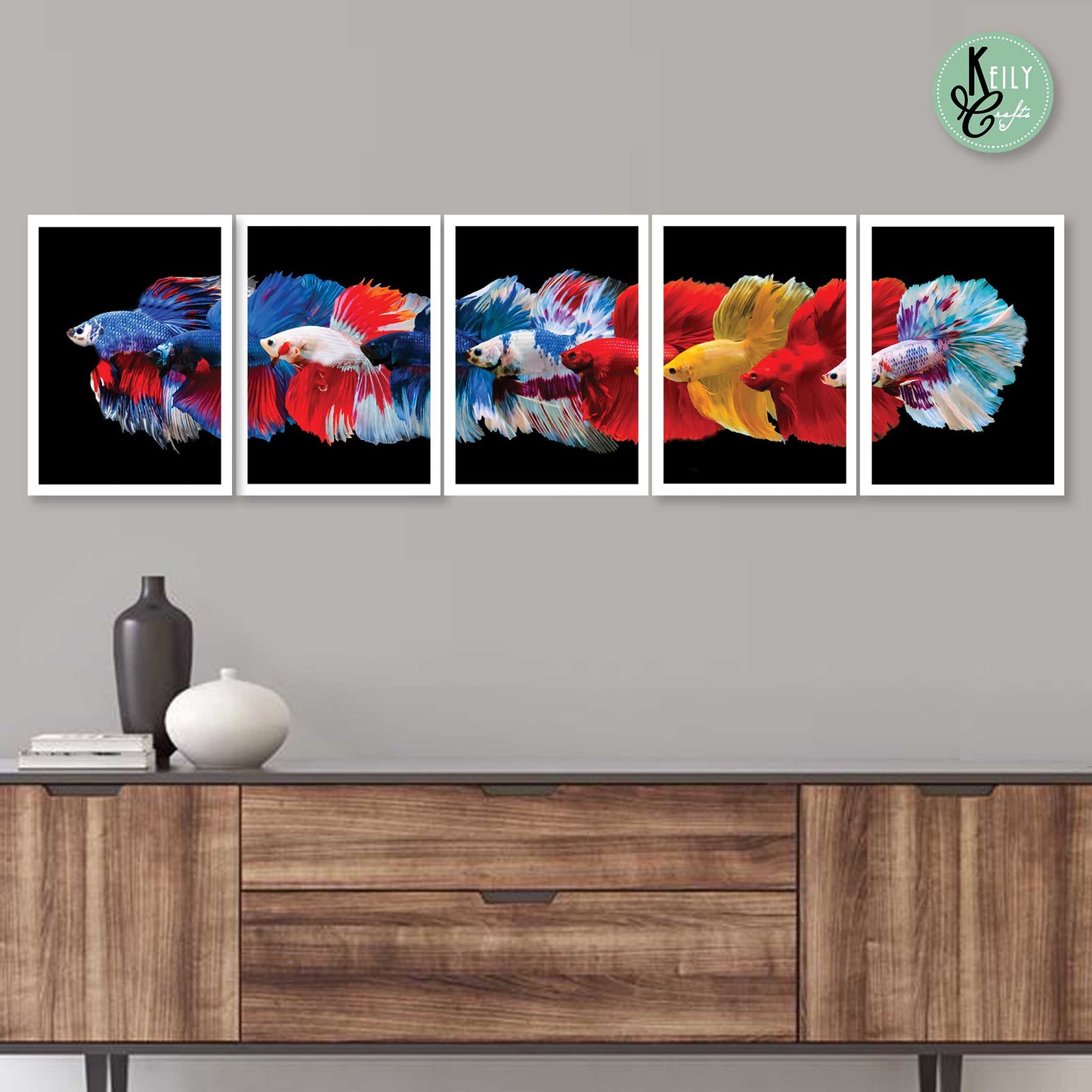 Colorful Lucky Betta Fish - Set of 5 Framed Prints Wall Art Home Decor