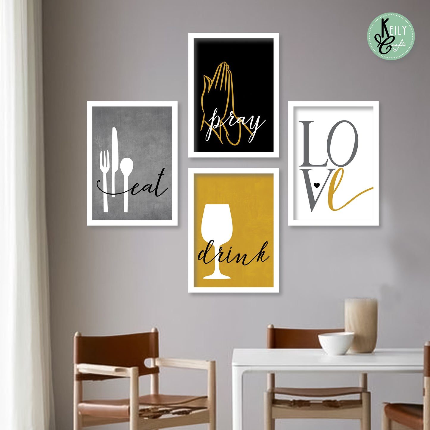 Eat Drink Love Pray - Set of 4 Framed Prints Wall Art Home Decor