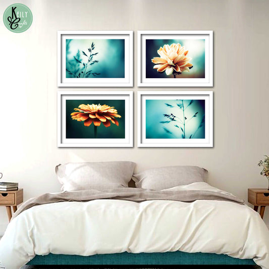 Botanical Flower Nature - Set of 4 Framed Prints Wall Art Home Decor