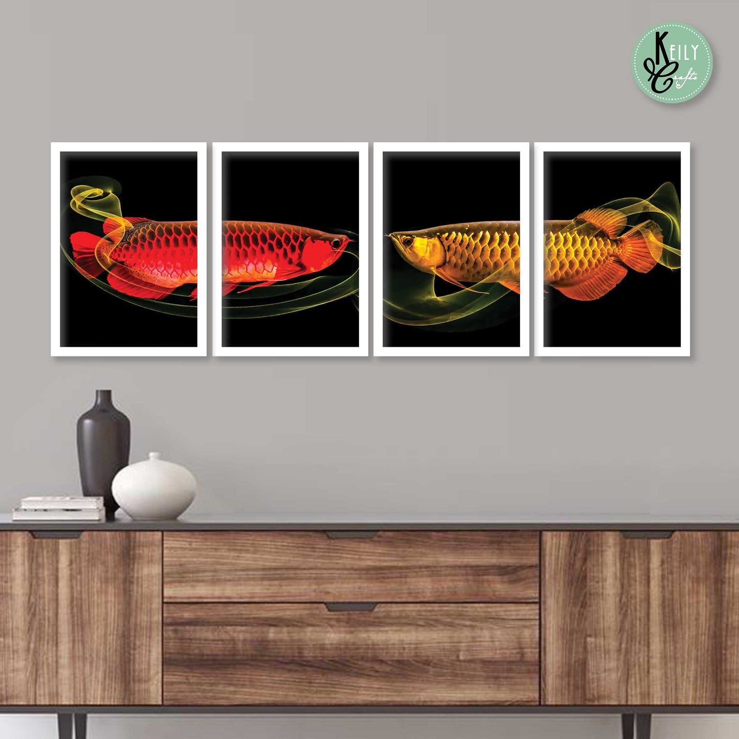 Arowana Fengshui Lucky Fish - Set of 4 Framed Prints Wall Art Home Decor