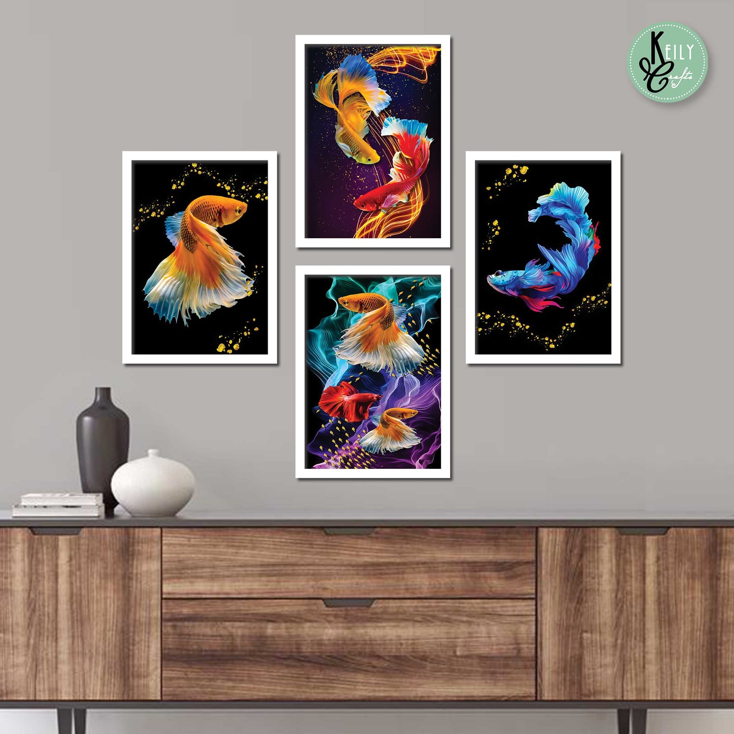 Fengshui Lucky Betta Fish - Set of 4 Framed Prints Wall Art Home Decor