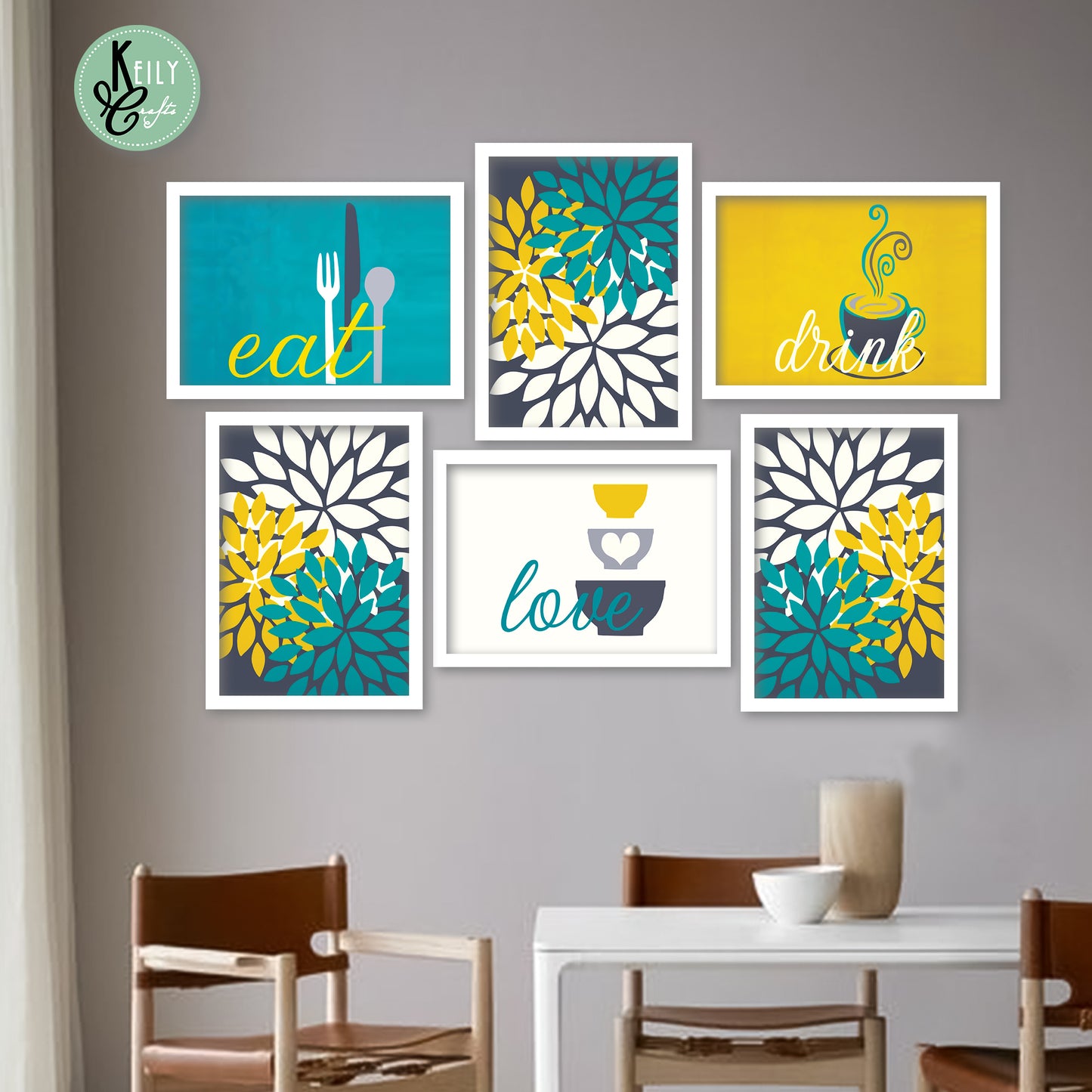 Modern Eat Love Drink - Set of 6 Framed Prints Wall Art Home Decor